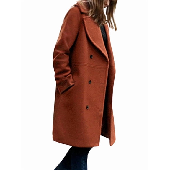 Womens Wool Blend Double Breasted Pea Coat Notched Lapel Mid Long Trench Overcoat with Pockets Brick Red XL