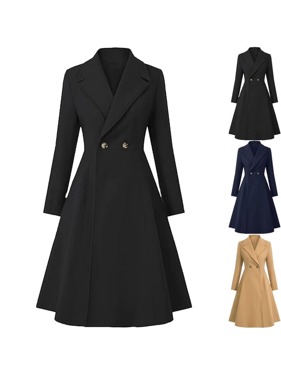 Womens Wool Blend Double Breasted Pea Coat Tailored Fit Lapel Collar A-Line Peplum Flare for Work Business Casual Office Fall Outfits, Black, M