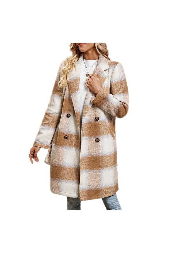 Womens Wool Blend Long Jacket with Pockets Classic Plaid Pattern Notch Laple Collar Winter Trench Coat Mid-length (M, Khaki)