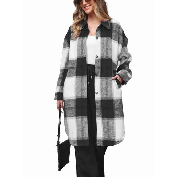 Womens Wool Blend Long Plaid Shacket Jacket Long Sleeve Lapel Button Down Shirt Jacket Pocketed Trench Coat with Pockets Fall Winter