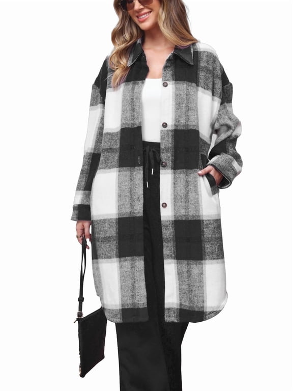 Womens Wool Blend Long Plaid Shacket Jacket Long Sleeve Lapel Button Down Shirt Jacket Pocketed Trench Coat with Pockets Fall Winter