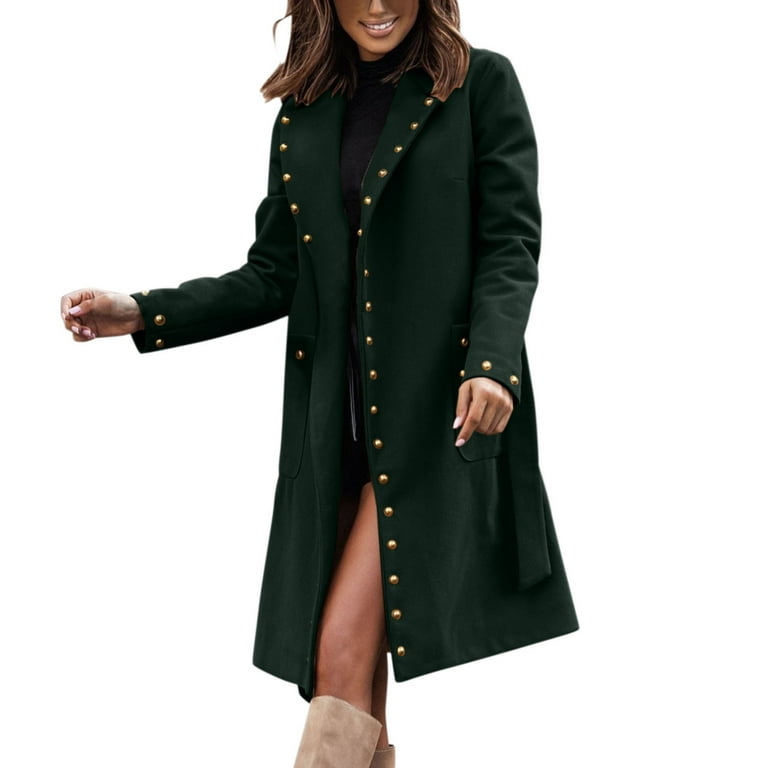 Womens Wool Blend Mid Length Jacket Fashion Studded Notch Lapel Open Front Long Sleeve Trench Coat with Waist Belt