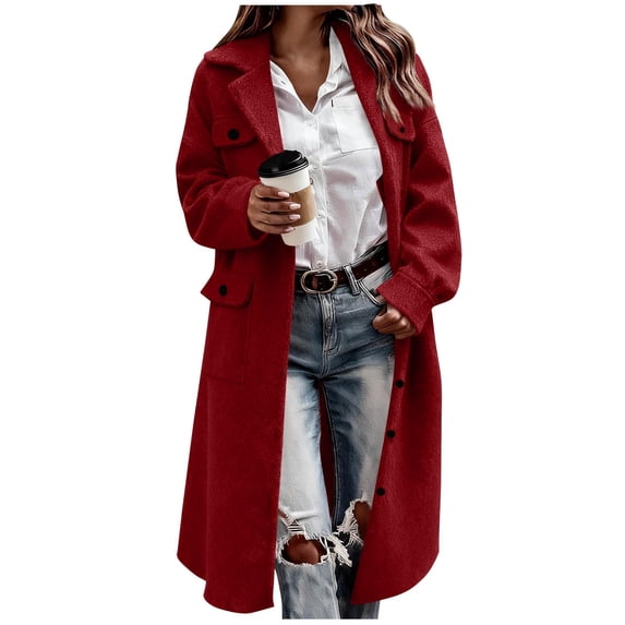 Womens Wool Blend Overcoat Casual Notched Lapel Single Breasted Long Peacoat Loose Comfy Fall Winter Trench Coat With Pocket