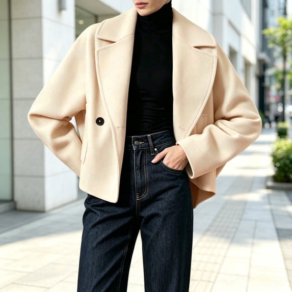 Womens Wool Blend Pea Coat L Notched Collar Cropped Short Jacket Relaxed Fit Fall Winter Casual Outerwears (Beige M)