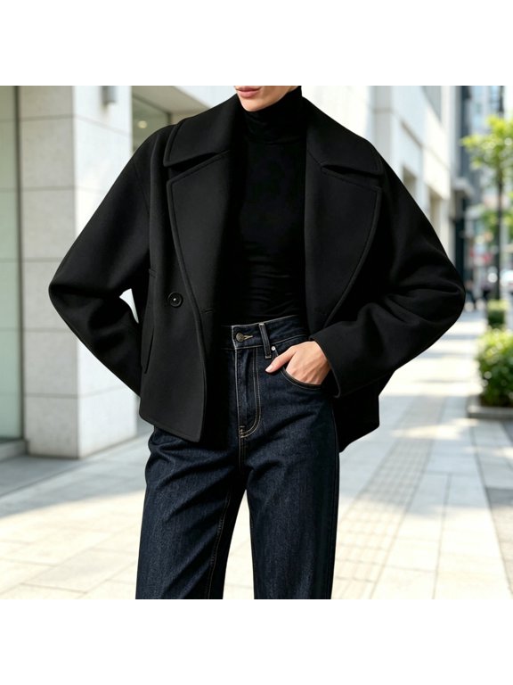 Womens Wool Blend Pea Coat L Notched Collar Cropped Short Jacket Relaxed Fit Fall Winter Casual Outerwears (Black S)