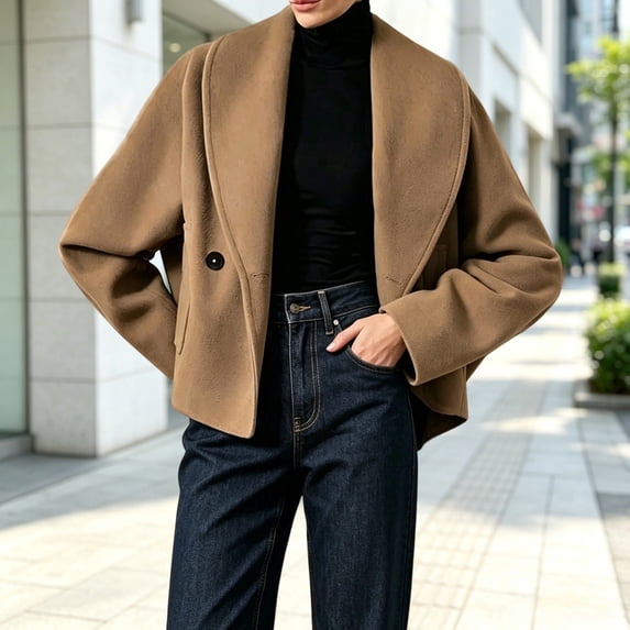 Womens Wool Blend Pea Coat L Notched Collar Cropped Short Jacket Relaxed Fit Fall Winter Casual Outerwears (Brown M)