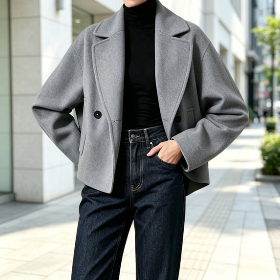 Womens Wool Blend Pea Coat L Notched Collar Cropped Short Jacket Relaxed Fit Fall Winter Casual Outerwears (Grey M)