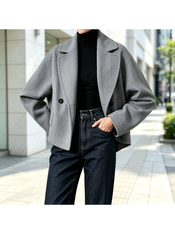 Womens Wool Blend Pea Coat L Notched Collar Cropped Short Jacket Relaxed Fit Fall Winter Casual Outerwears (Grey M)
