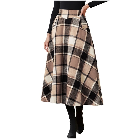 Womens Wool Blend Plaid Skirts Elastic High Waist A-Line Pleated Skirts Casual Loose Tartan Long Skirt with Pockets
