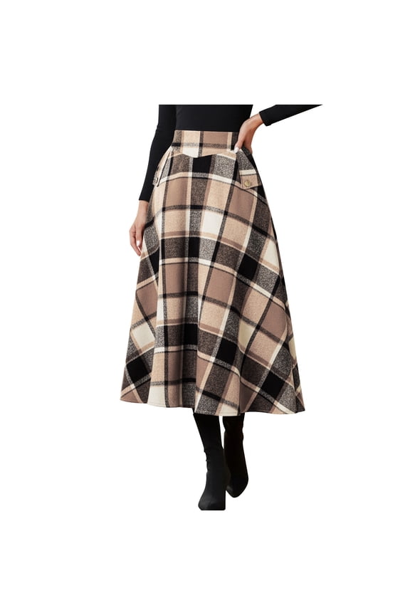 Womens Wool Blend Plaid Skirts Elastic High Waist A-Line Pleated Skirts Casual Loose Tartan Long Skirt with Pockets