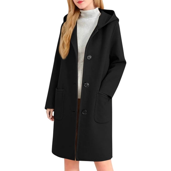 Womens Wool Blend Trench Coat Classic Solid Color Single Breasted Long Hooded Peacoat Casual Comfy Fall Winter Jacket With Pocket