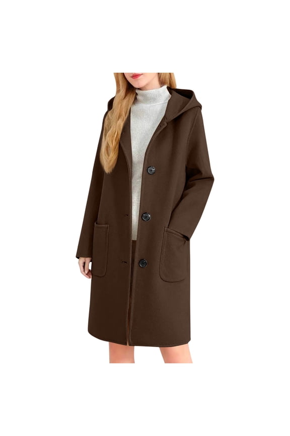 Womens Wool Blend Trench Coat Classic Solid Color Single Breasted Long Hooded Peacoat Casual Comfy Fall Winter Jacket With Pocket