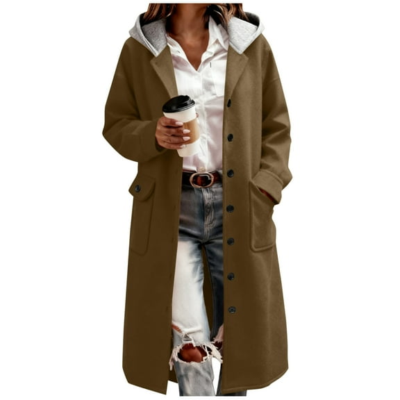 Womens Wool Blend Trench Coat Lightweight Button Down Hooded Long Jacket Casual Loose Shacket Outerwear Fashion Fall Winter Outfits with Pocket