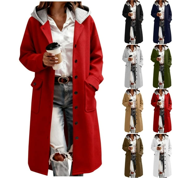 Womens Wool Blend Trench Coat Lightweight Button Down Hooded Long Jacket Casual Loose Shacket Outerwear Fashion Fall Winter Outfits with Pocket