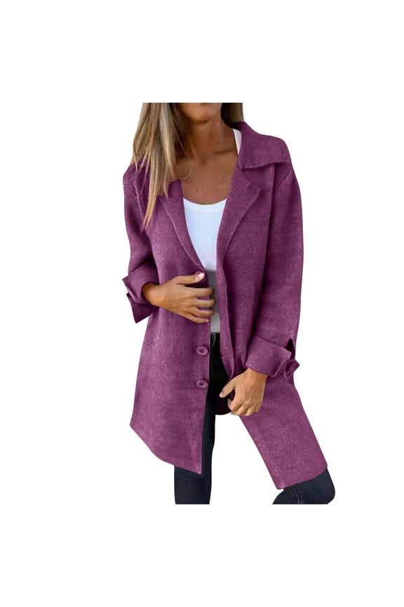 Womens Wool Button Blazer Jacket Long Sleeve Mid Length Trench Coat Jackets Casual Office Lapel Business Outerwear (Purple S)