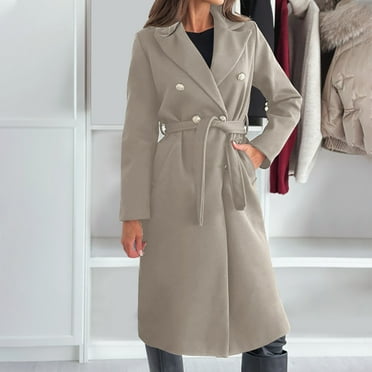 Womens Wool Coat with Belt Double Breasted Trendy Winter Long Pea Coats Pocketed Trench Coat Lapel Jacket Outwear (2XL, Beige)