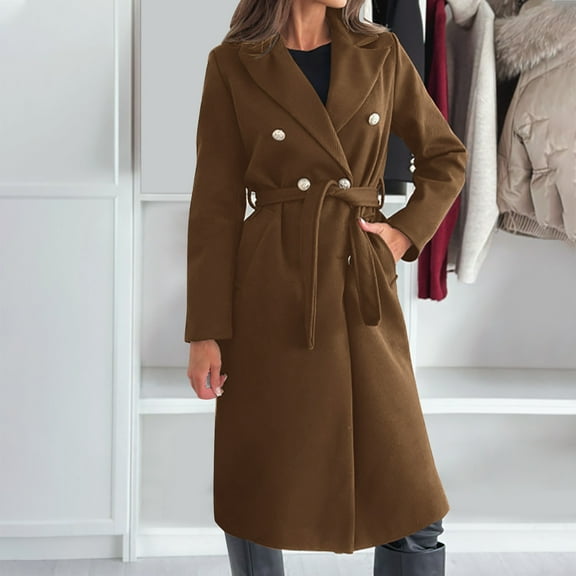 Womens Wool Coat with Belt Double Breasted Trendy Winter Long Pea Coats Pocketed Trench Coat Lapel Jacket Outwear (2XL, Coffee)