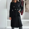 thumbnail image 1 of Womens Wool Coat with Belt Double Breasted Trendy Winter Long Pea Coats Pocketed Trench Coat Lapel Jacket Outwear (L, Black), 1 of 7