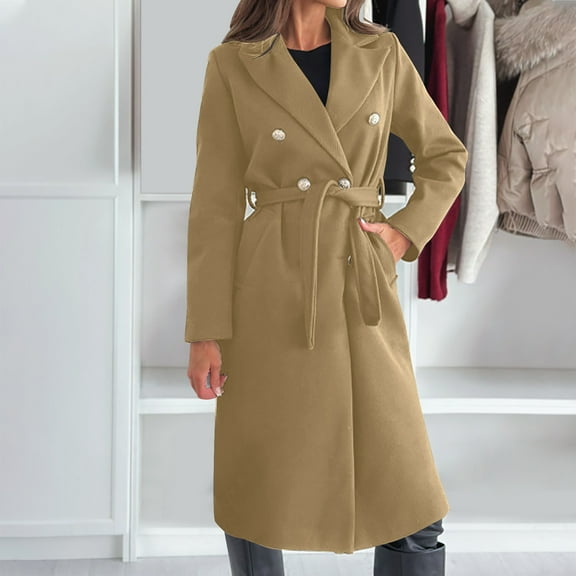 Womens Wool Coat with Belt Double Breasted Trendy Winter Long Pea Coats Pocketed Trench Coat Lapel Jacket Outwear (XL, Khaki)