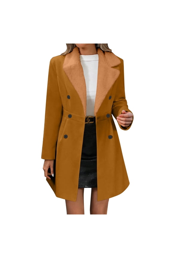 Womens Wool Coat with Fur Lapel Collar Dress Coats Elegant Double Breasted Peacoat Warm Winter Mid-Length Overcoat