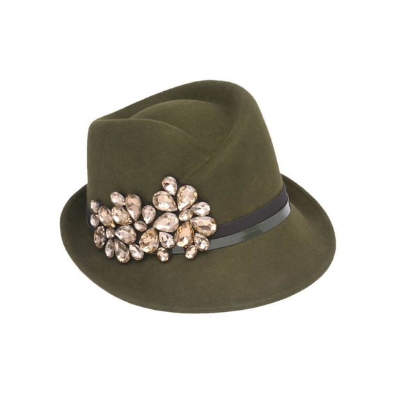 Womens Wool Fedora Hat w/ Jewel Crest - Olive