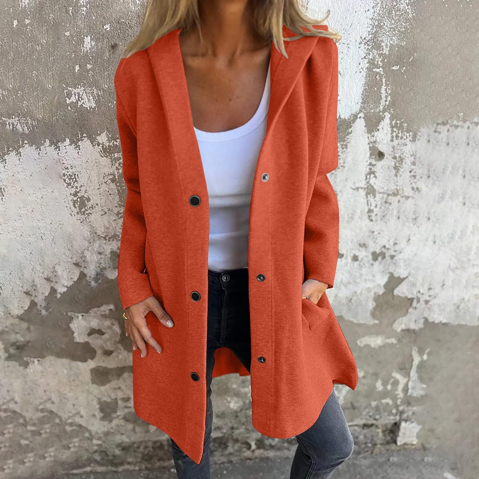 Womens Wool Peacoats with Hooded and Pockets Plus Size S-5X Snap-Button Up Coats Ladies Casual Solid Long Sleeve Comfort Outerwear