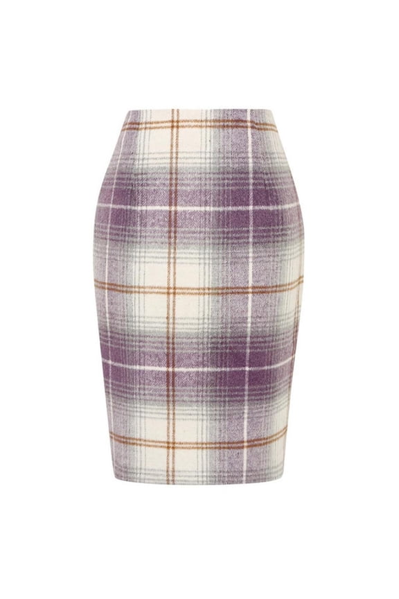 Womens Wool Plaid Bodycon Vintage A Line Knee Length Long Pencil Skirt
