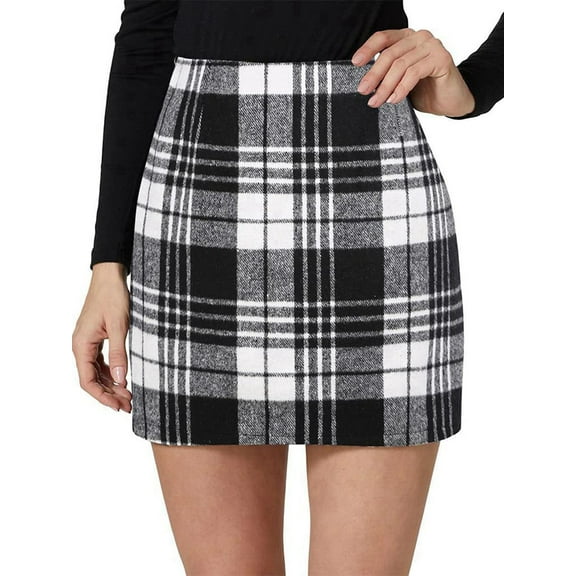 Womens Wool Plaid Mini Skirt Fall Winter High Waisted Bodycon Pencil Skirt Black & White. L Black & White