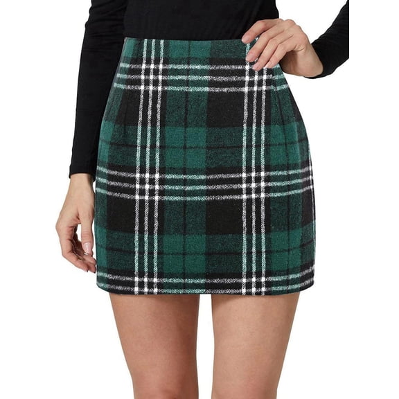 Womens Wool Plaid Mini Skirt Fall Winter High Waisted Bodycon Pencil Skirt Dark Green XXL