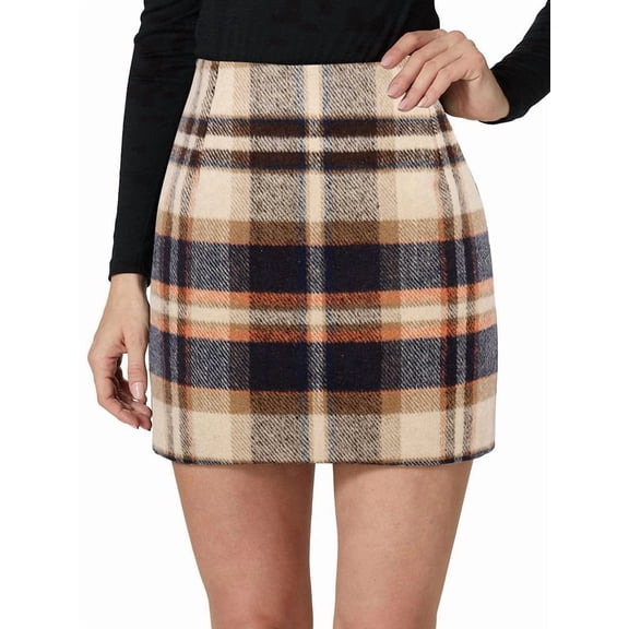 Womens Wool Plaid Mini Skirt Fall Winter High Waisted Bodycon Pencil Skirt Dark Khaki M