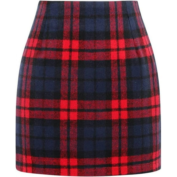 Womens Wool Plaid Mini Skirt Fall Winter High Waisted Bodycon Pencil Skirt