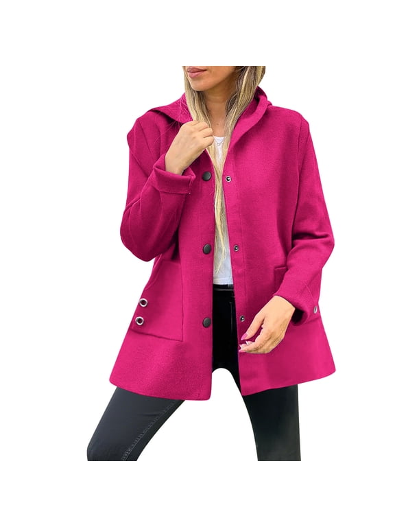 Womens Wool Trench Coat Single Breasted Hooded Long Sleeve Peacoat Business Casual Outerwear with Pockets