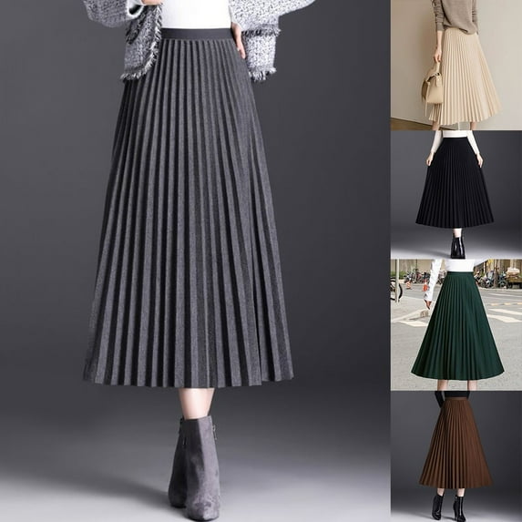 Womens Woolen Pleated Skirt High Waist A-Line Skirt Fashion Loose Skirt Black M YIWEI
