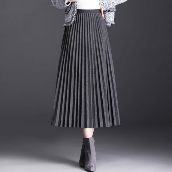 Womens Woolen Pleated Skirt High Waist A-Line Skirt Fashion Loose Skirt Grey XL YIWEI