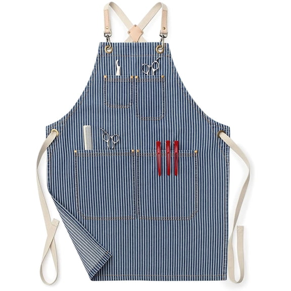 - Womens Work Barber Shop Cooking Apron for Kitchen Hairstylist with 4 Pockets for Women Cross Straps & Adjustable S to M (Blue Striped)