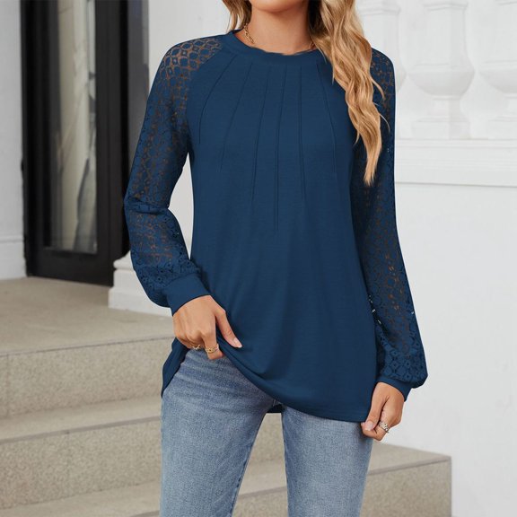 Womens Work Blouse Dressy Women's Fashionable Solid Color Round Neck Long Sleeved Lace Patchwork Loose T-shirt Top