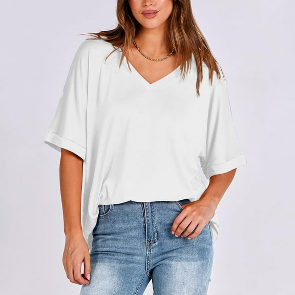 Womens Work Blouse Dressy Women's Loose Oversized Solid V-neck, Shoulder Length Short Sleeved T-shirt Top