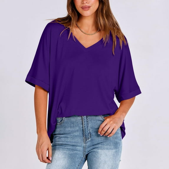 Womens Work Blouse Dressy Women's Loose Oversized Solid V-neck, Shoulder Length Short Sleeved T-shirt Top