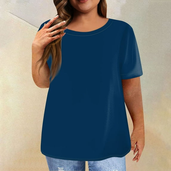 Womens Work Blouse Dressy Women's Short Sleeve Shirt Round Neck Plus Size T Shirt Solid Color Casual Tops
