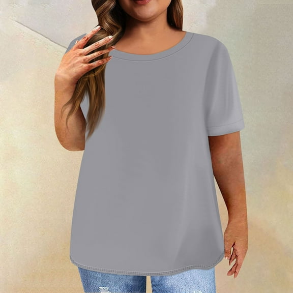 Womens Work Blouse Dressy Women's Short Sleeve Shirt Round Neck Plus Size T Shirt Solid Color Casual Tops