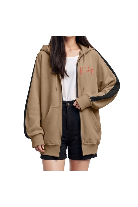 Womens Work Blouse Winter Loose Fit Hooded Long Sleeve Bell One Shoulder Zipper Heart Print Zip-Up Polyester Hoodies Hoodie(Coffee,XXL)