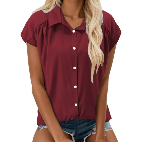 Womens Work Blouses Summer Solid Short Cap Sleeve Button Down Tops V Neck Collared Casual Business Plain Basic Shirts