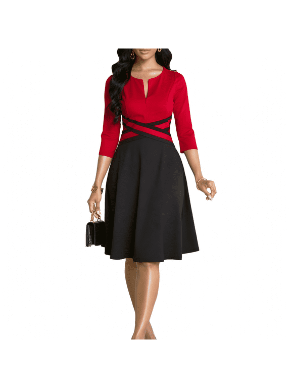 Womens Work Business Front Zipper A-Line Dresses 3/4 Sleeve Office Church Fit and Flare Skater Swing Knee Length Dress Black Red