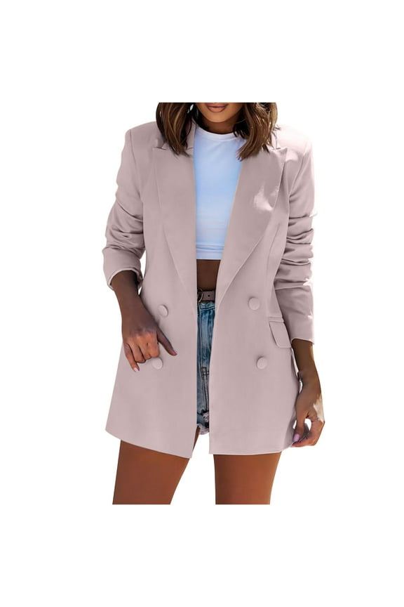 Womens Work Casual Double Breasted Blazer Jackets Dressy Office Notch Lapel Suit Coat Solid Color Open Front Blazers