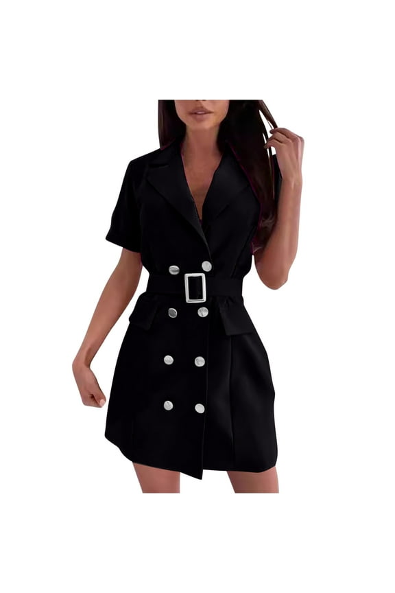 Womens Work Dresses Short Sleeve Lapel Belted Double Breasted Business Blazer Dress With Pockets