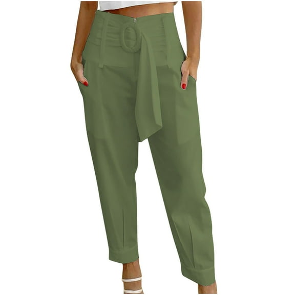 Womens Work Pants Dressy High Waist Straight Leg Slacks with Belt Slim Fit Trousers Solid Color Versatile Casual Pant