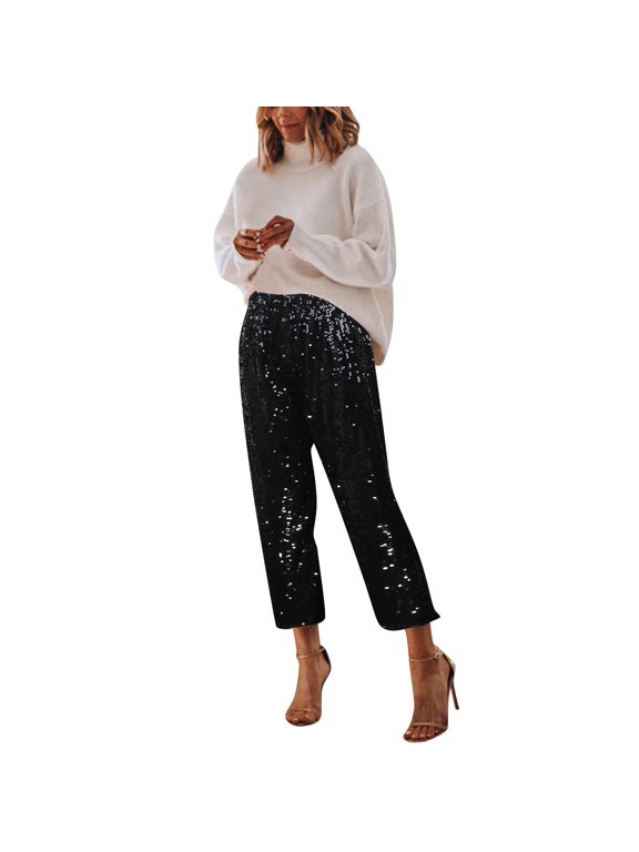 Womens Work Pants Elastic Waist 2025 Solid Color Fashion Sequined Wide Leg Trousers Dressy Casual Black L