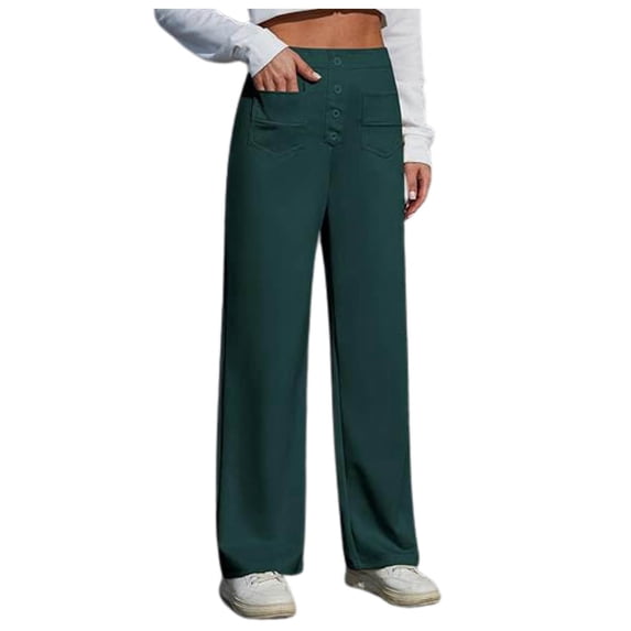 Womens Work Pants Elastic Waist High Waisted Straight Wide Leg Button Down With Pockets Trousers Dressy Casual Green L
