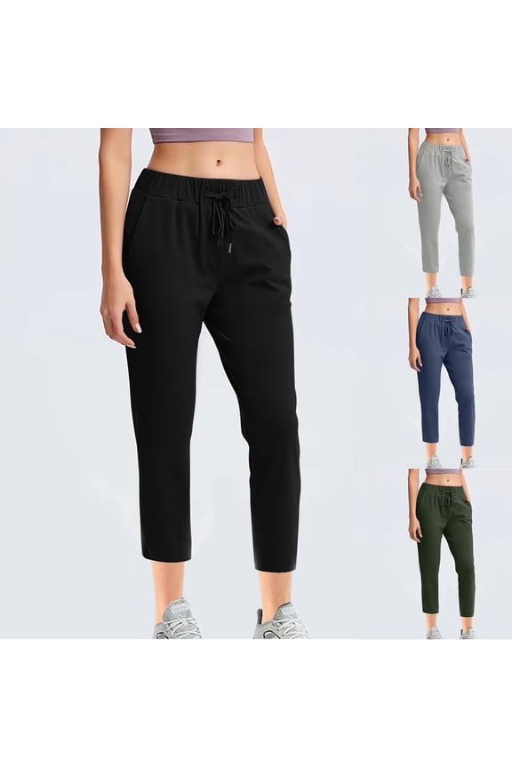 Womens Work Pants Joggers for Women with Pockets, Elastic High Waist Sweat Pants, Solid Activewear Jogger Workout Yoga Pants, Loose Lounge Pants Summer Trousers Cotton Linen Pants