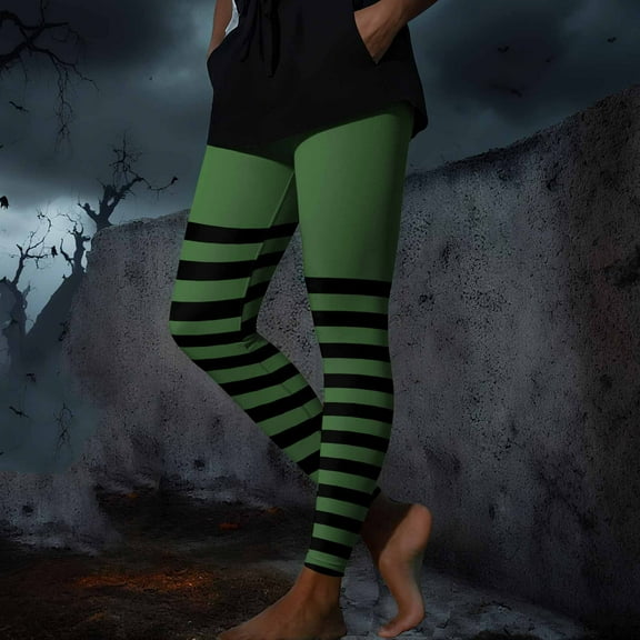 Womens Work Pants New Women's Funny Striped Halloween Tights Ankle Length Leggings High Waisted Stretchy Cute Graphic Yoga Pants Green L